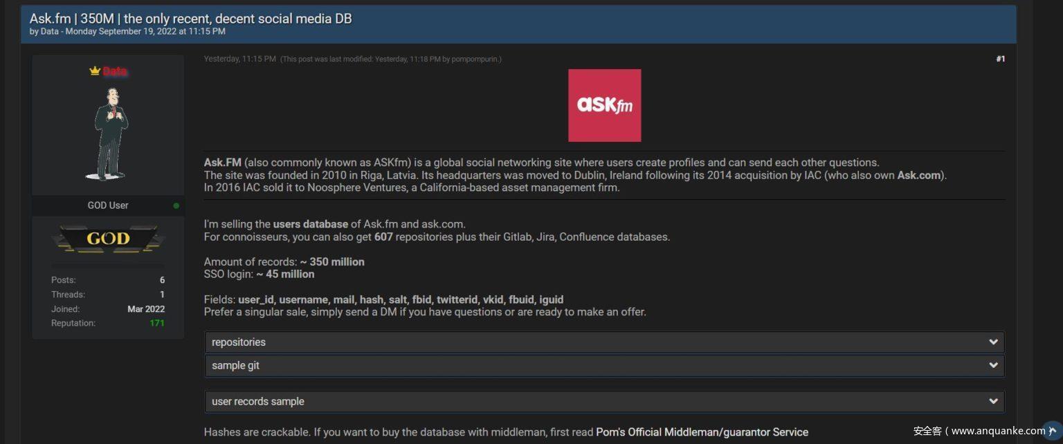 Ask.FM 3.5 亿用户数据库在黑客论坛出售