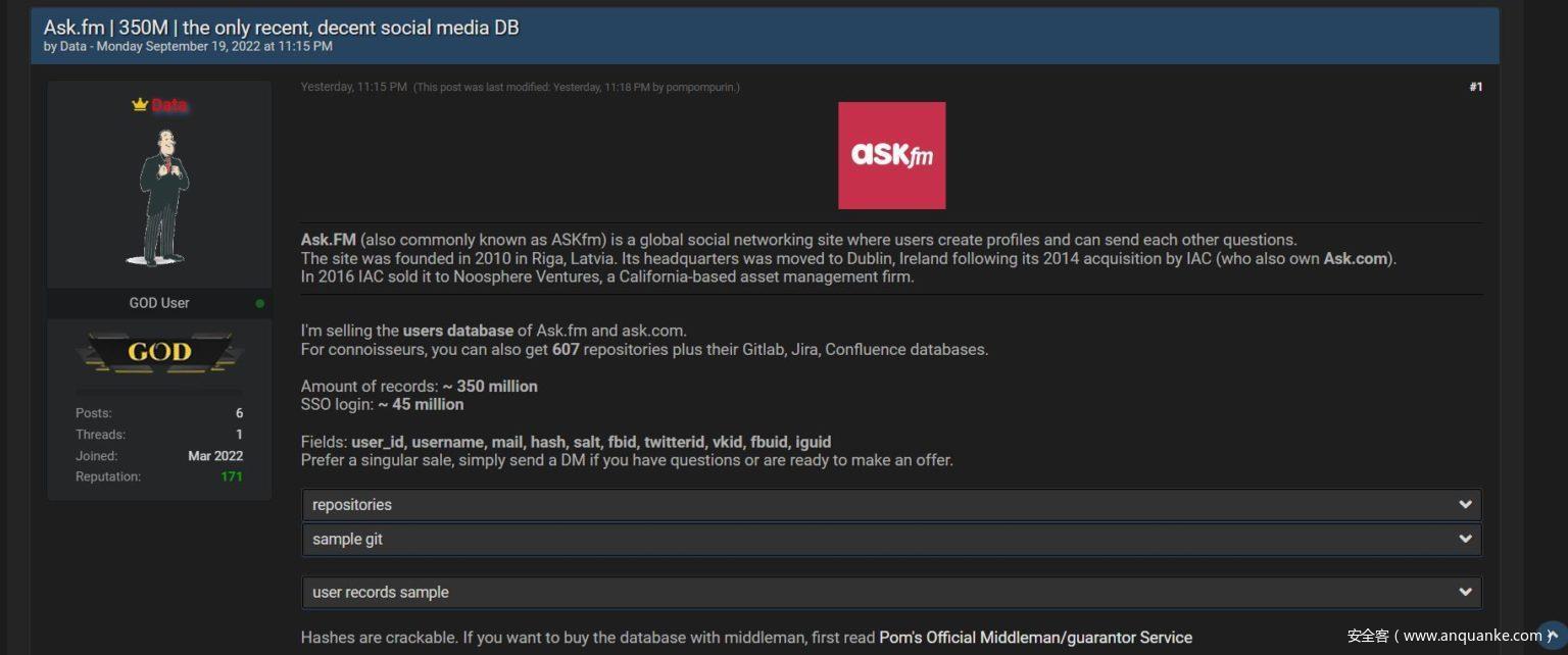 Ask.FM 3.5 亿用户数据库在黑客论坛出售